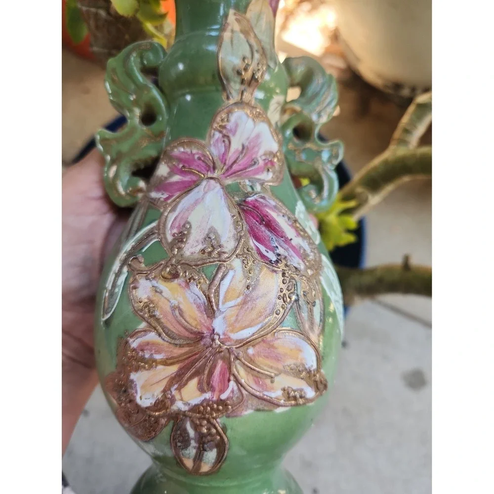 Vtg Japanese Moriage Satsuma Vase Double Handle Green Pink Floral Gold Guilt 10